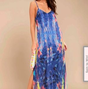 Flying Watercolors Royal Blue Print Maxi Dress